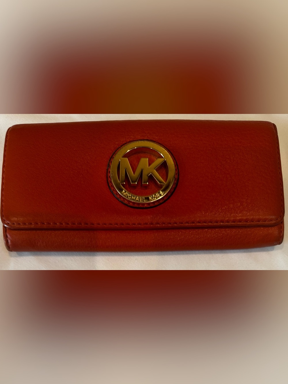 Michael Kors Orange Leather Continental Wallet Gold MK Logo